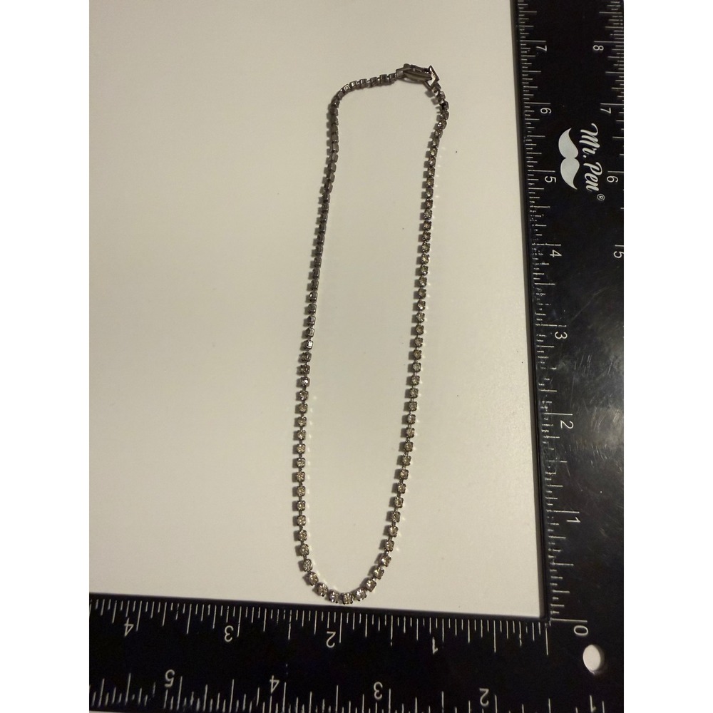 Vintage Rhinestone Tennis Necklace Silver Tone Clear Crystal Choker 15 Inch